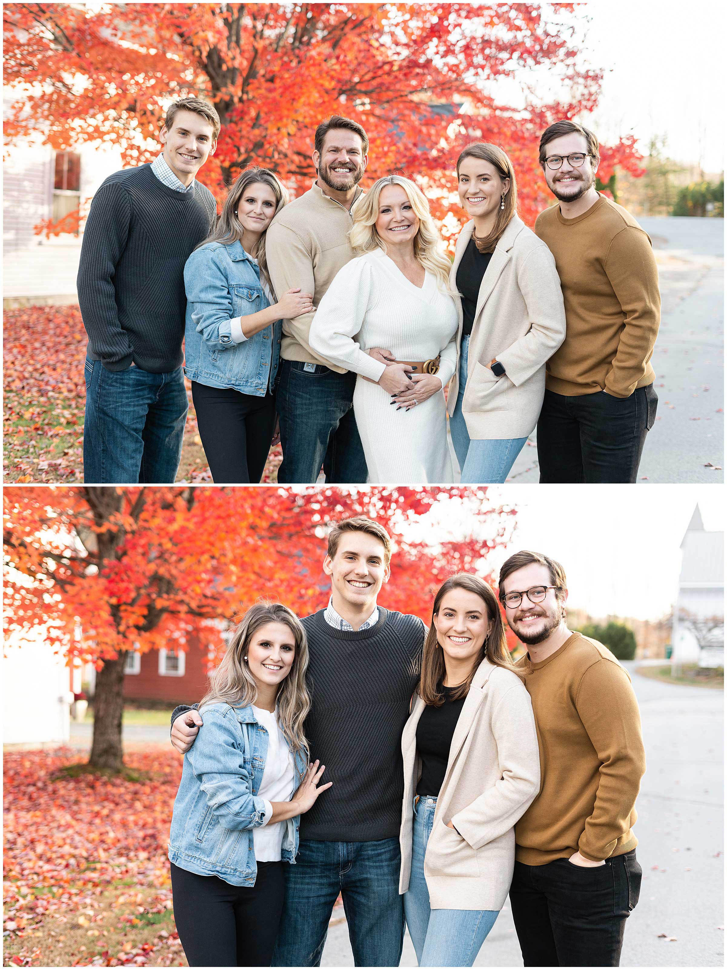 family standing in front of orange maple tree in grafton vermont for family photos