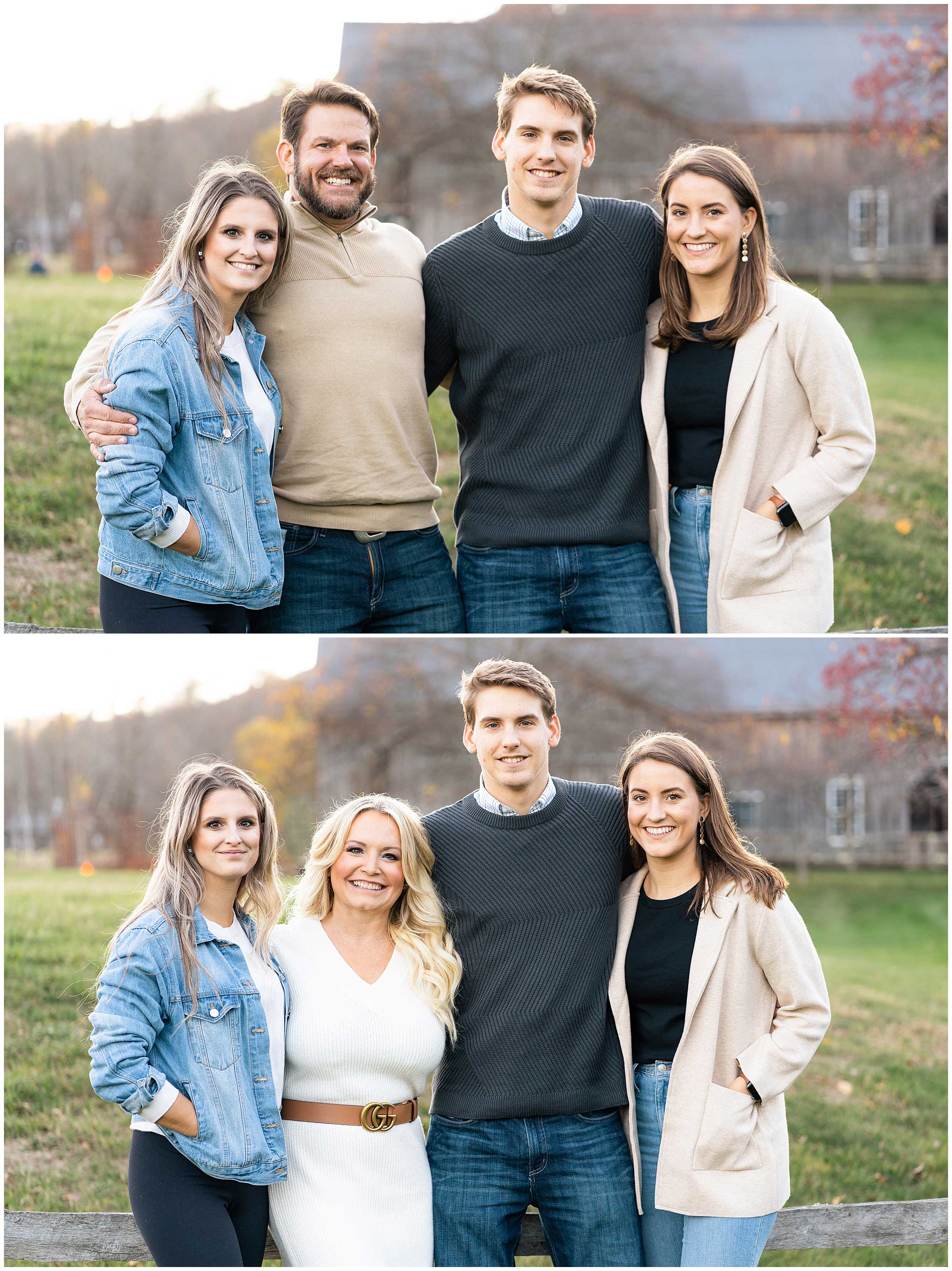 parents and siblings posing in front of farm in grafton vermont