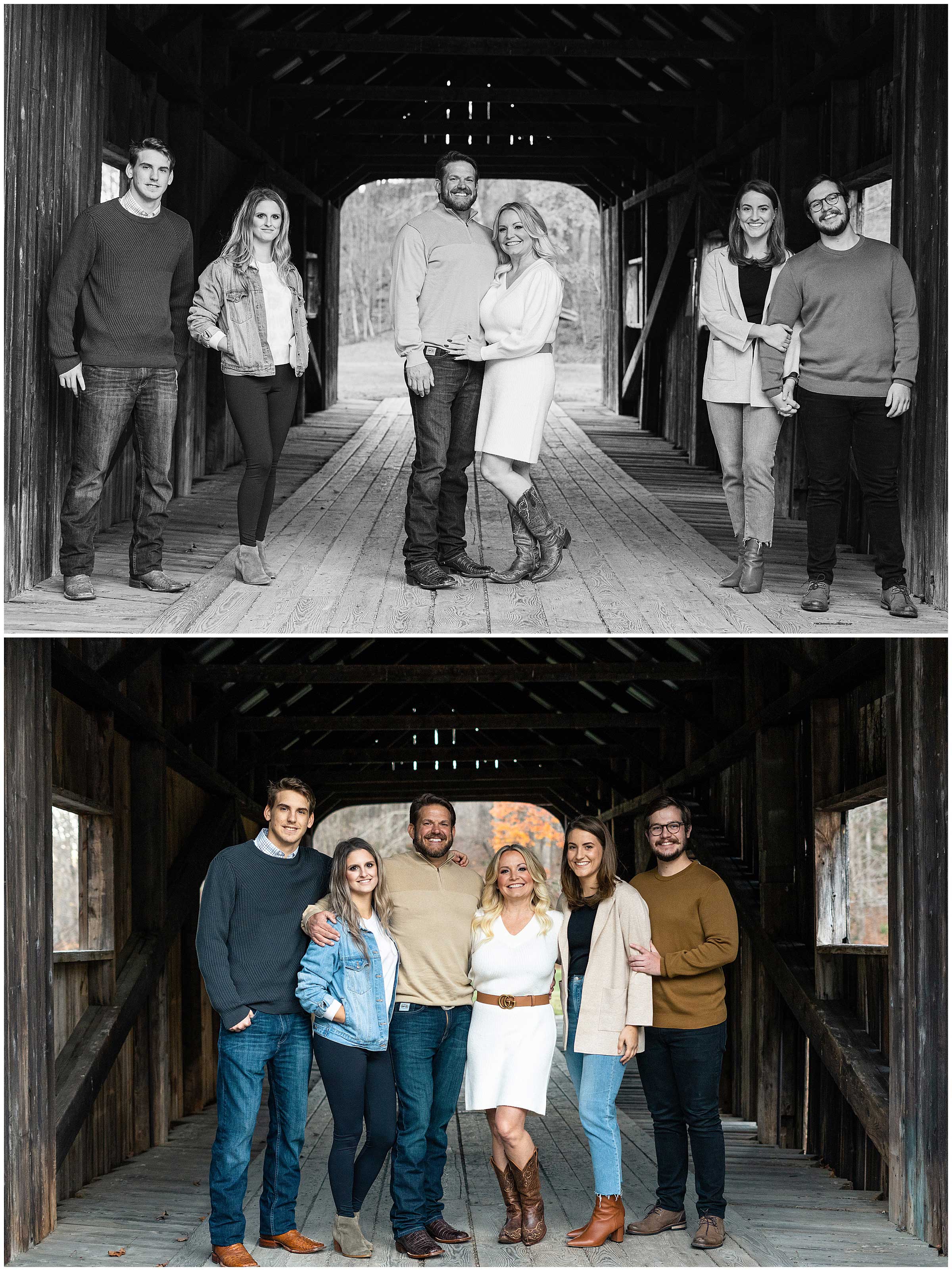 Family members posing on covered bridge in Grafton Vermont