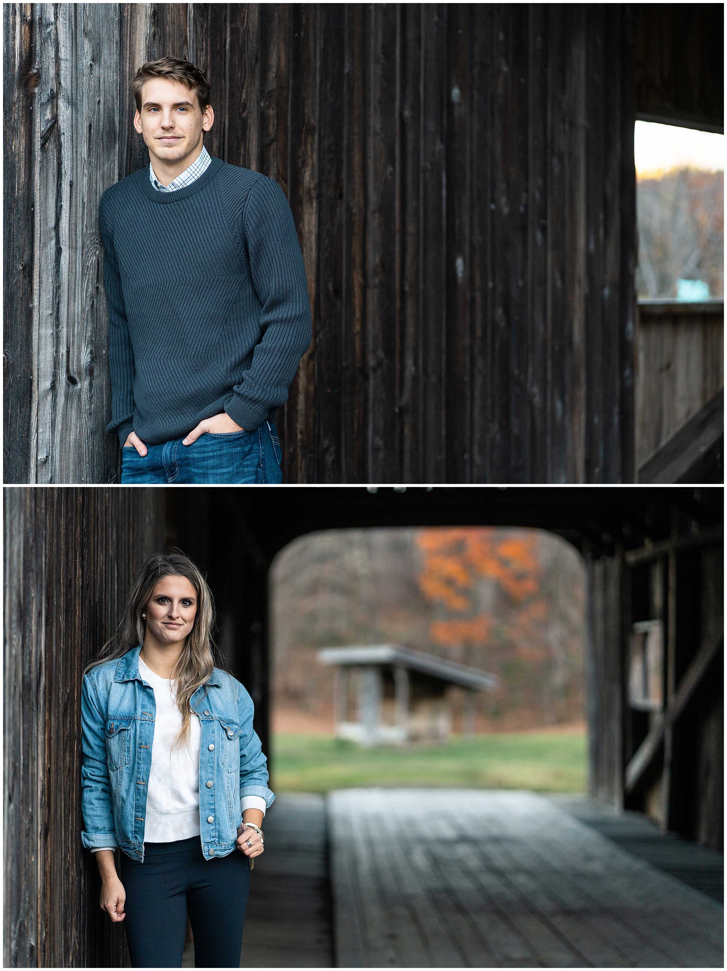 portraits of sister and brother on covered bridge in fall, grafton