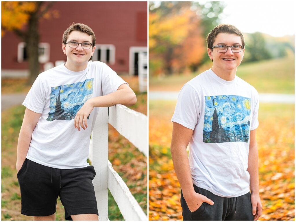 high school senior boy standing against fence in fall portrait, westminster vermont