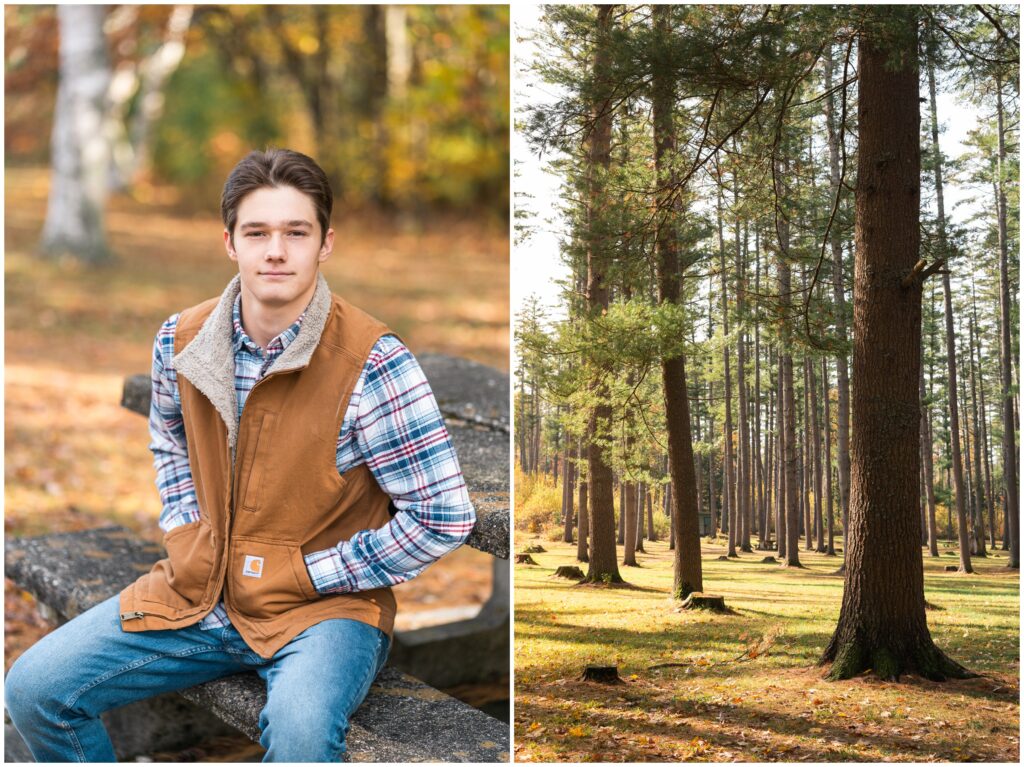 boy posing at picnic table for high school portraits in fall, new hampshire