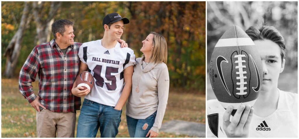 high school senior boy posing with parents for football senior portrait