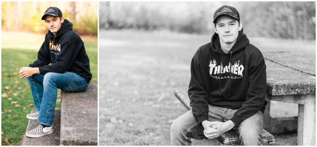 high school senior boy posing for portrait in moody park, claremont, nh
