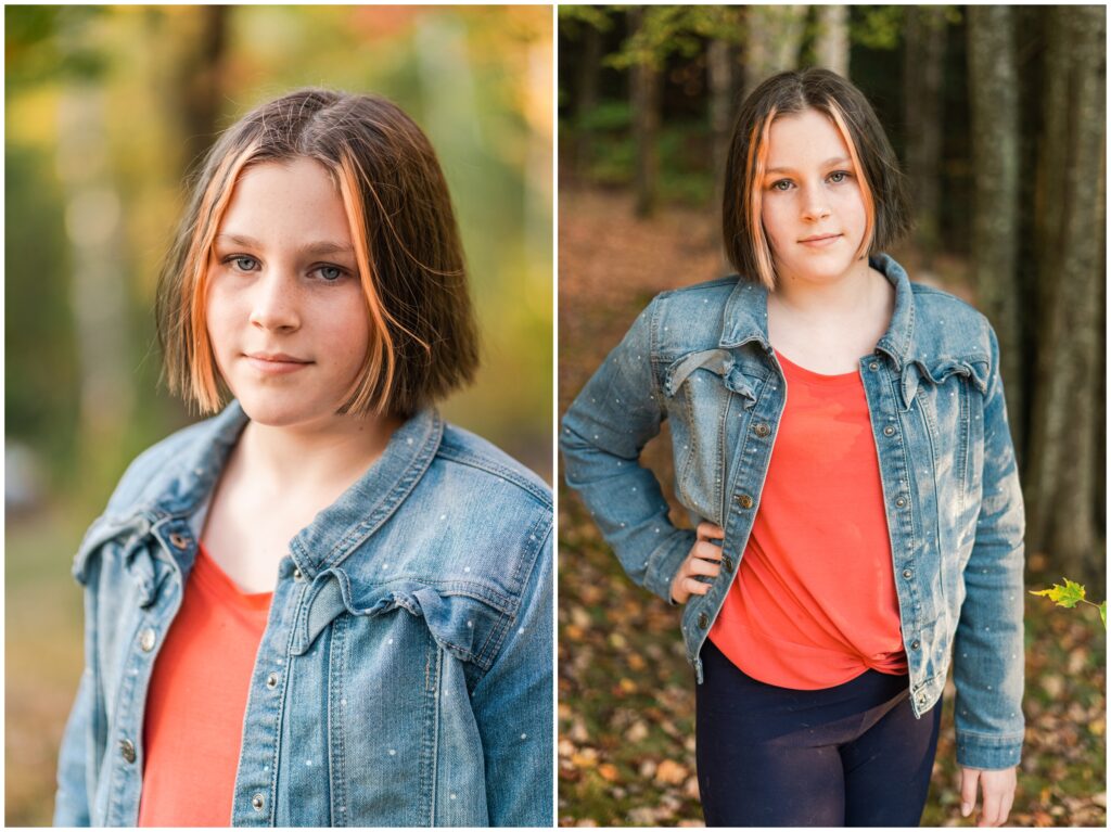 fall portrait of young girl wearing denim jacket