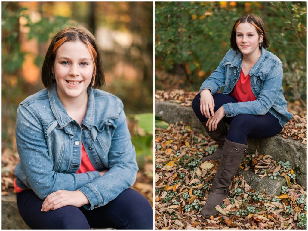 woodsy, autumn portrait of young teen with died hair