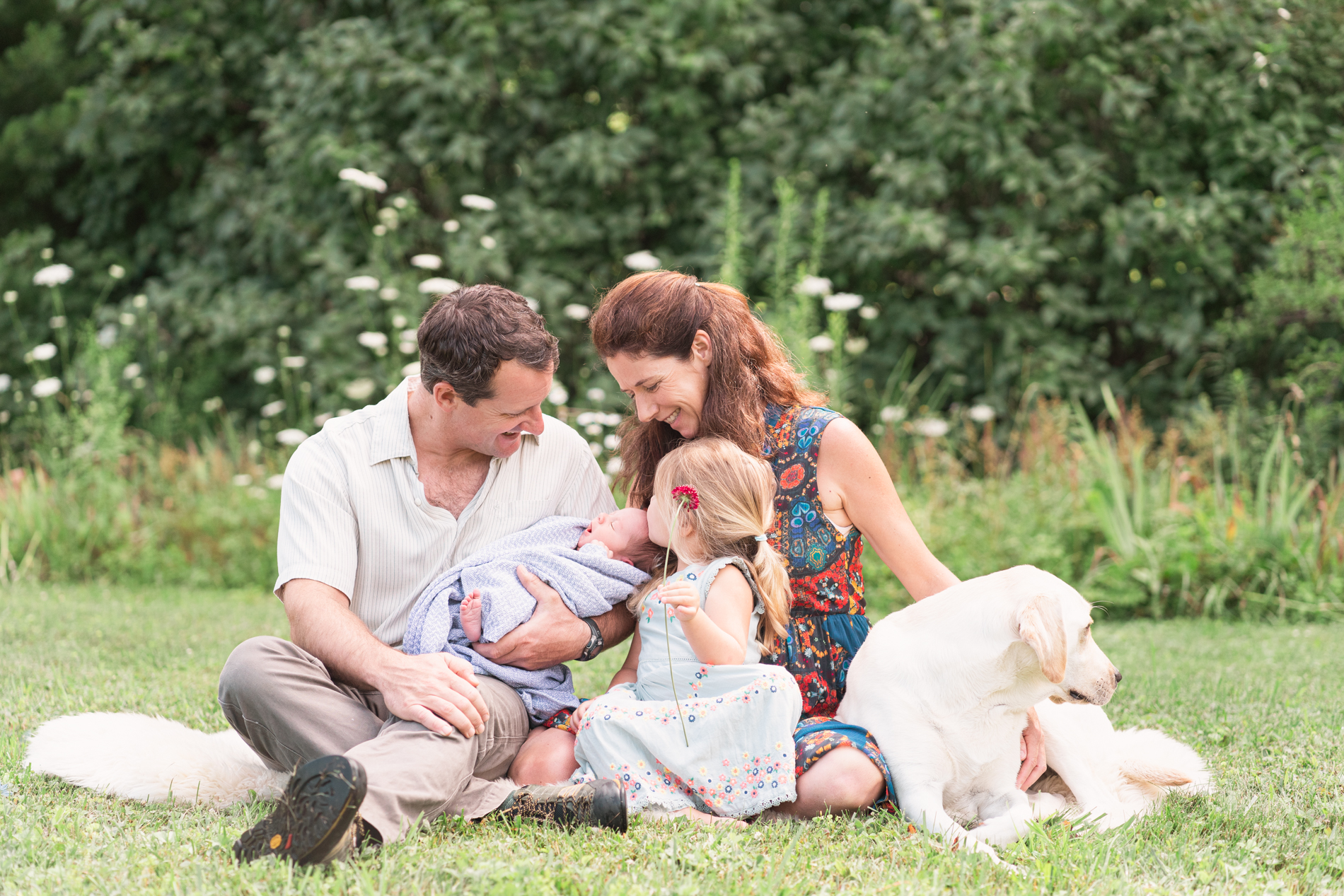 family sitting on grass with pets admiring newborn