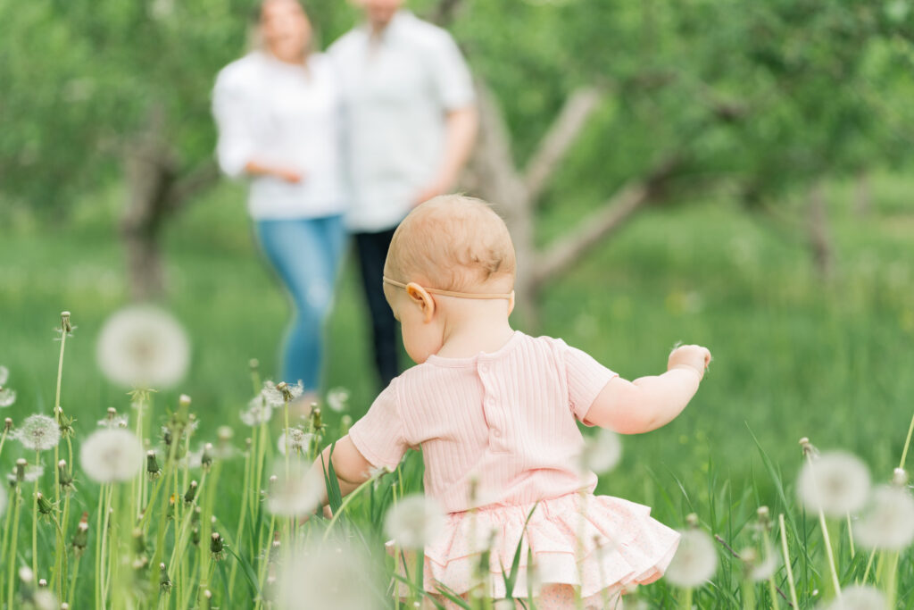 little girl walking in tall grass at riverview farm in plainfield nh