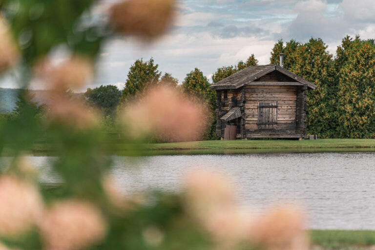 Sauna and hydrangeas at pond at Alyson's Orchard in Walpole, NH