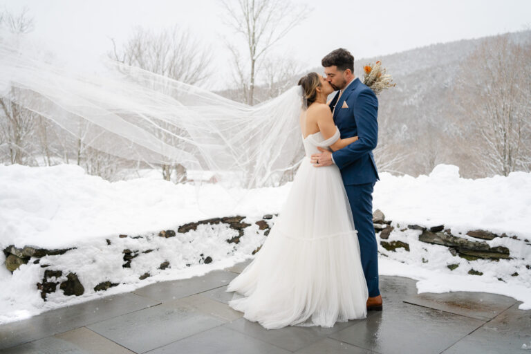 OQ Farm Woodstock Vermont wedding with incredible snowy veil shot
