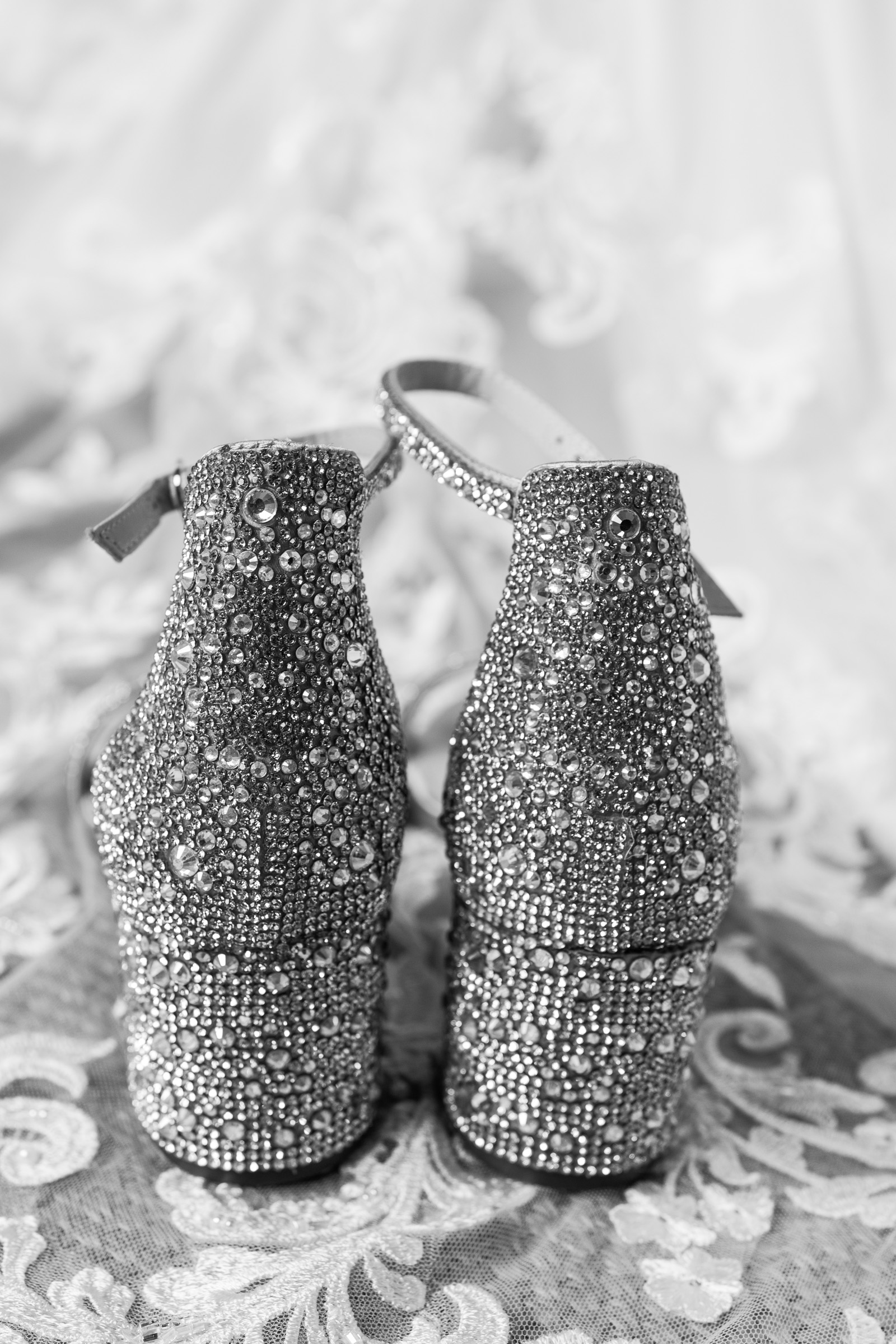 sparkly wedding shoes on lace dress and veil