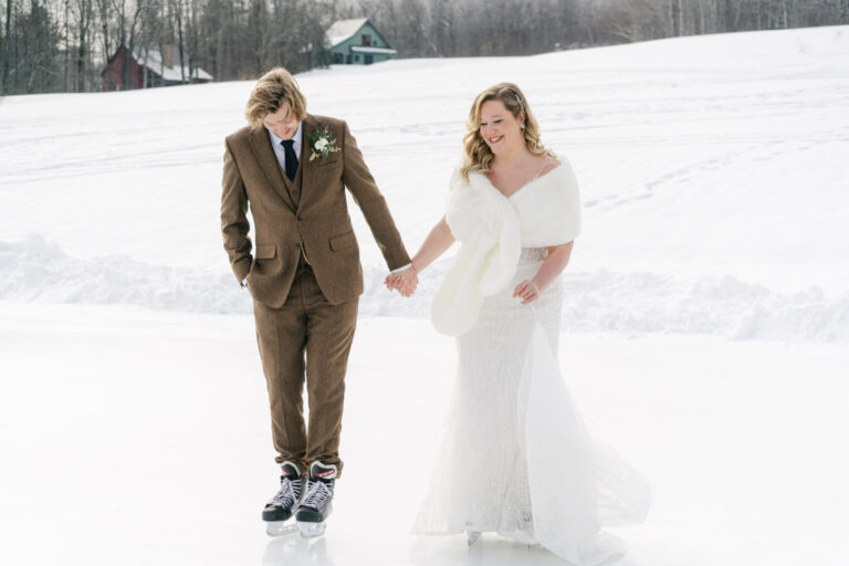 Winter wedding at Mountain Top Inn, couple ice skating during first look