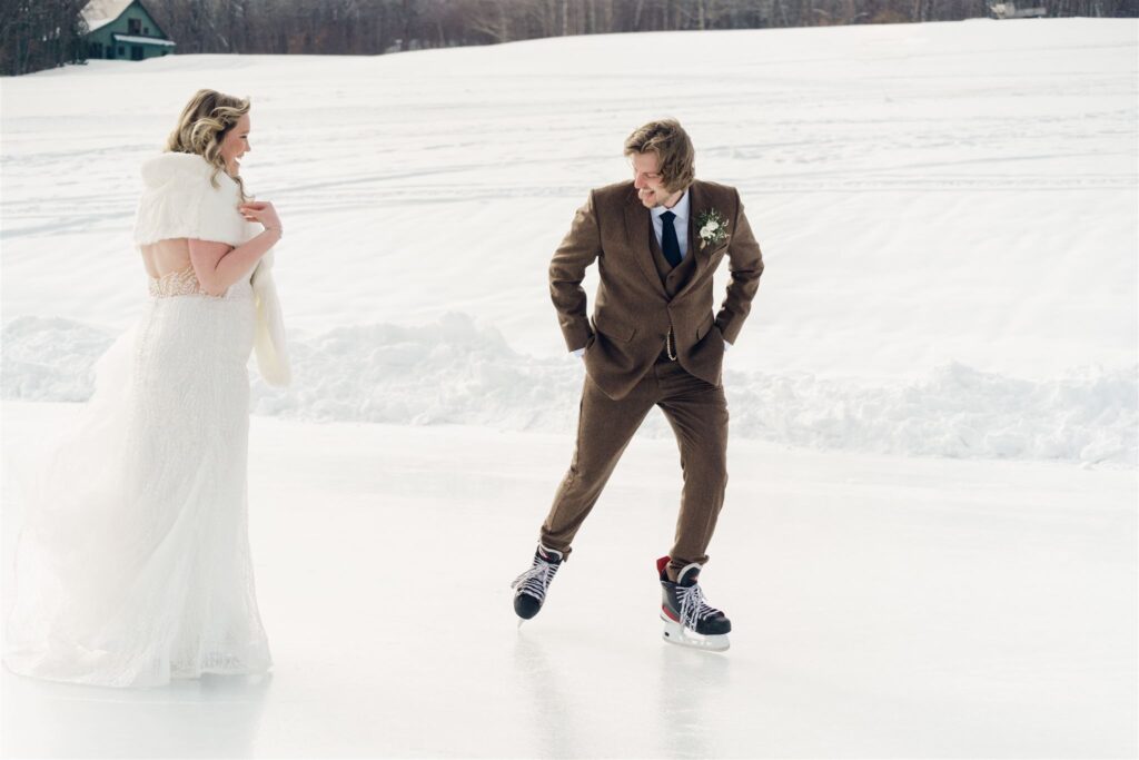 bride and groom skating around each other on ice rink at mountain top inn, chittenden, vt