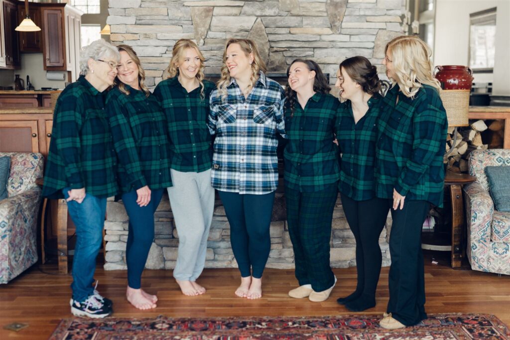 wedding party wearing VT Flannel shirts, mountain top inn, chittenden, vt