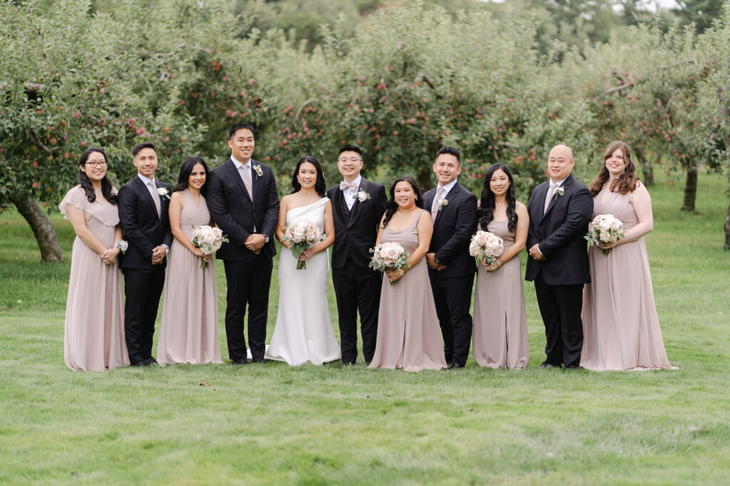 bride and groom with wedding party
