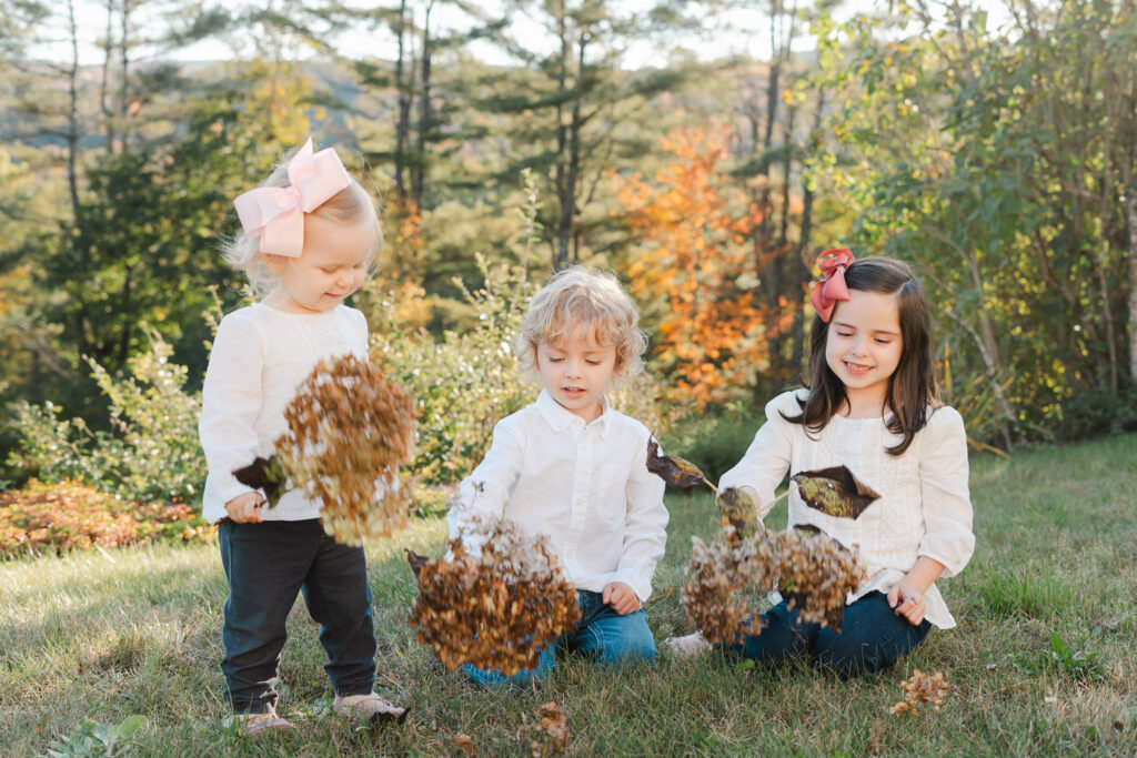 kids playing with leaves at upper valley fall family photo session