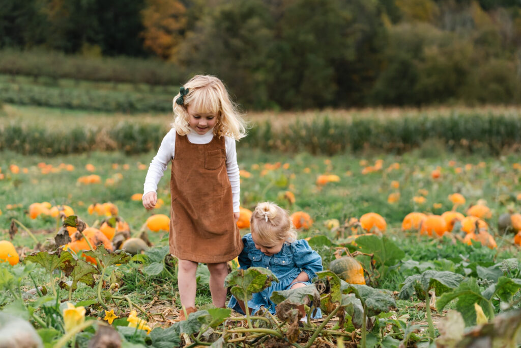 little girls walking through pumpkin patch at riverview farm during upper valley fall family photo session