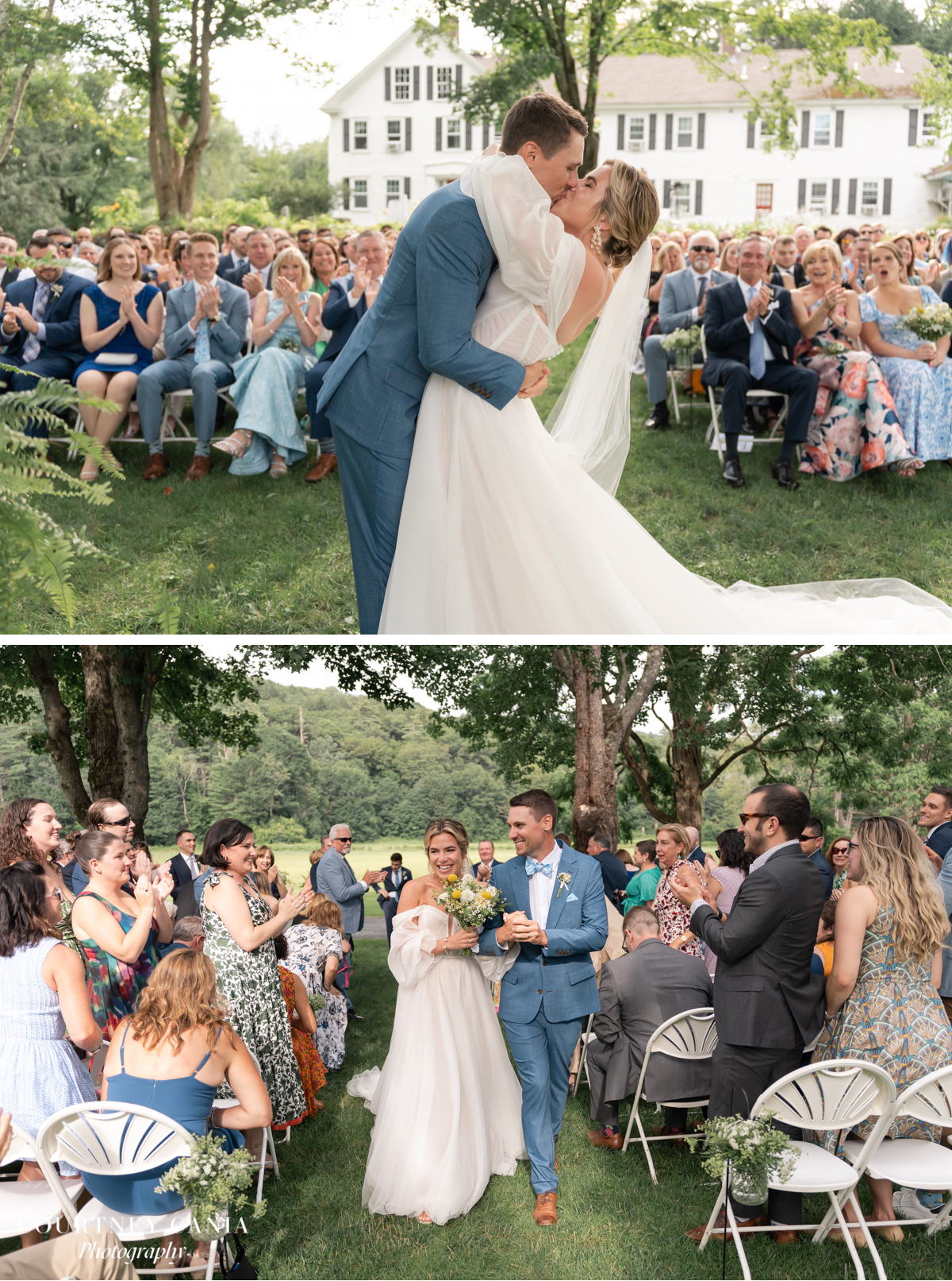 first kiss and procession of bridge and groom at quechee inn wedding