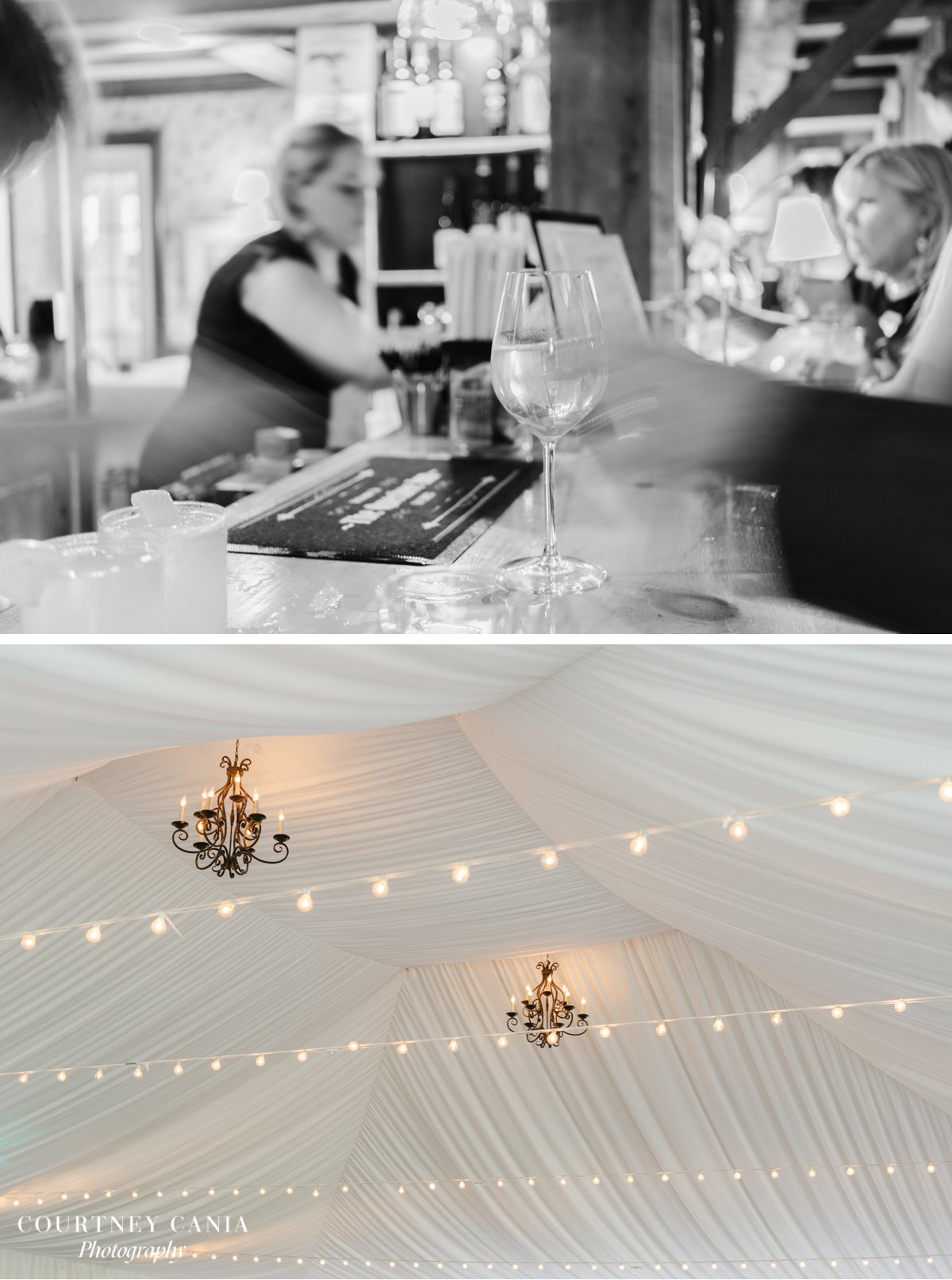 artsy photo of passed drinks, chandeliers and lights