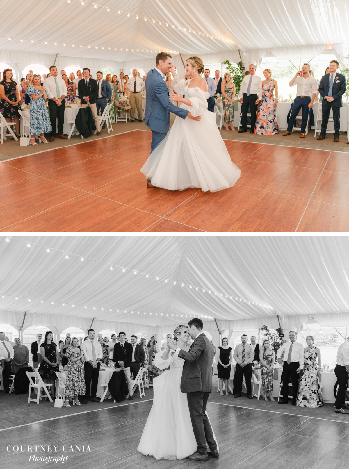 Couple share first dance in reception tent at Quechee Inn Wedding