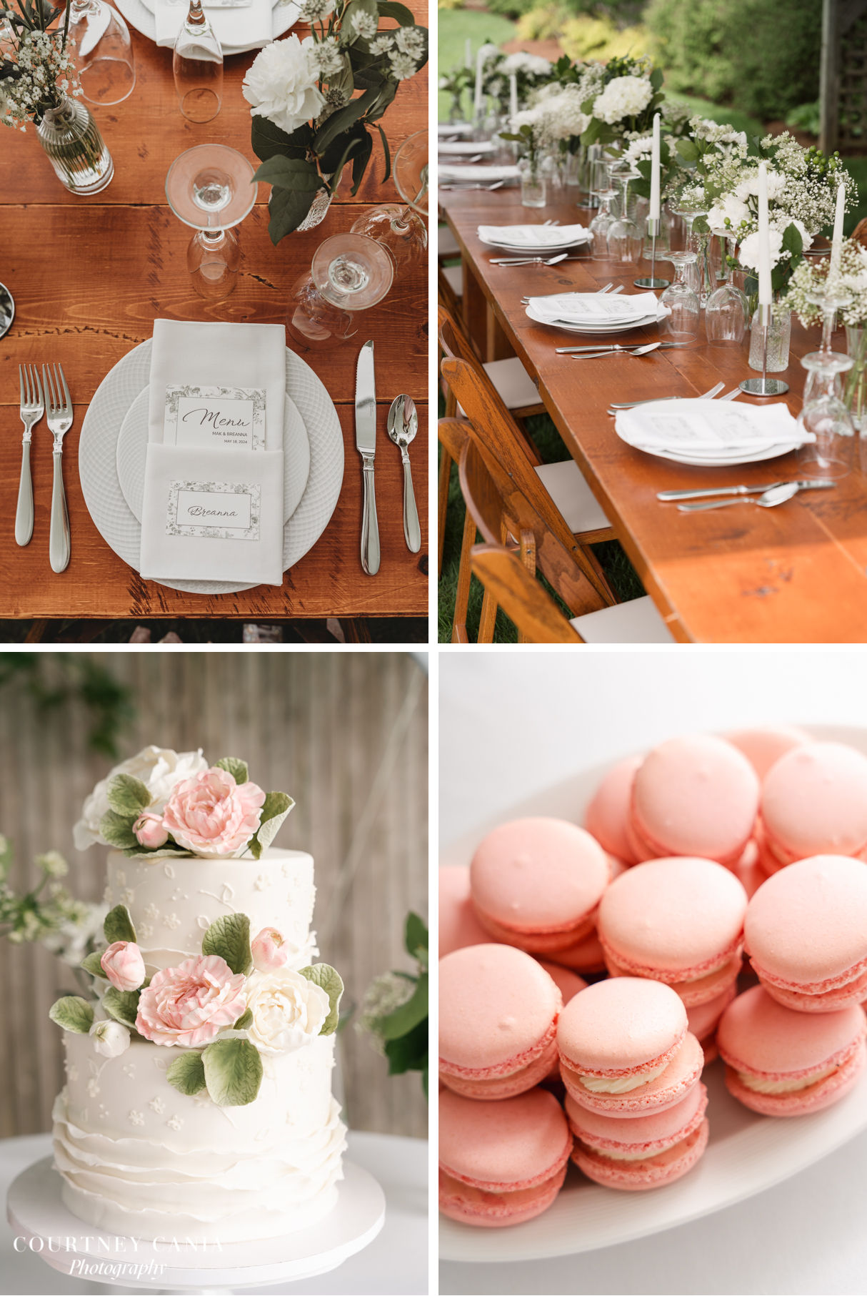 collage of reception details of table top items, floral cake, and pink macaroons