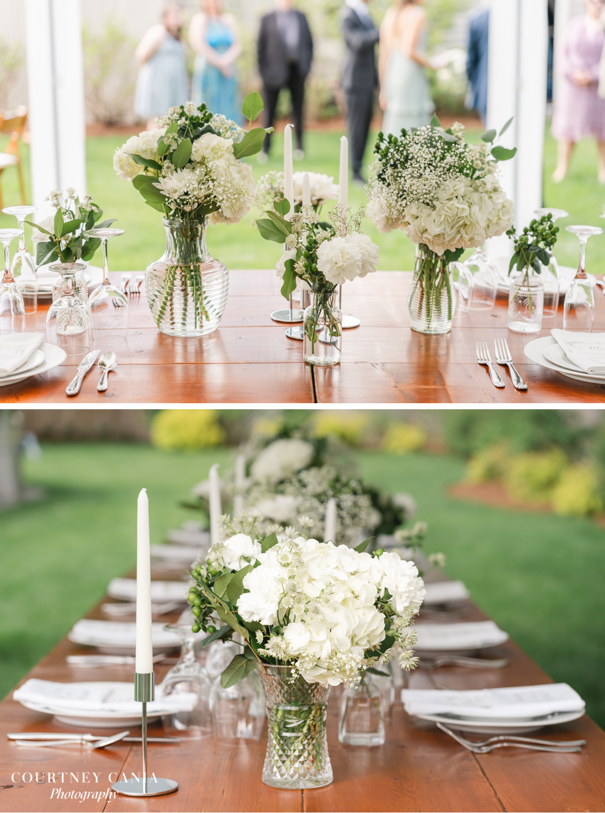 reception details of florals and candles on top of tables under tent