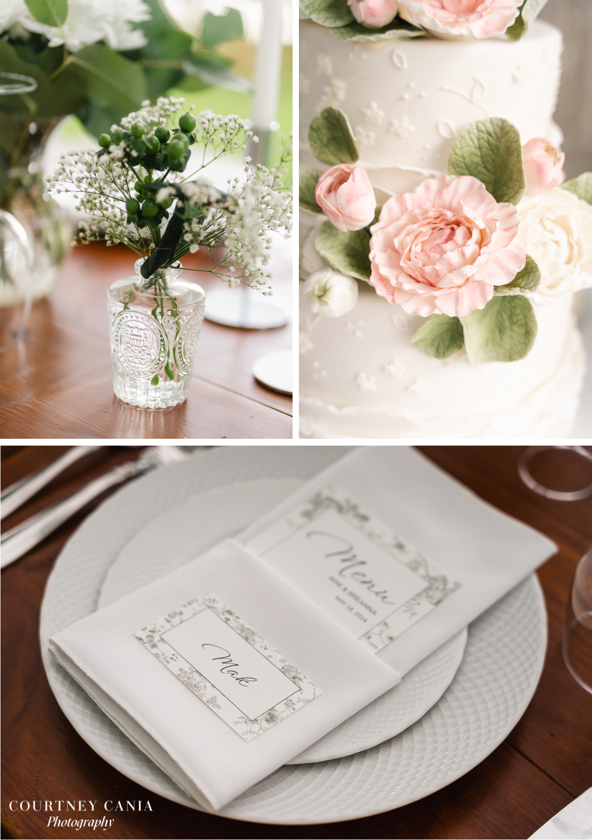 reception details of white flowers in small vase, cake flowers, and table setting