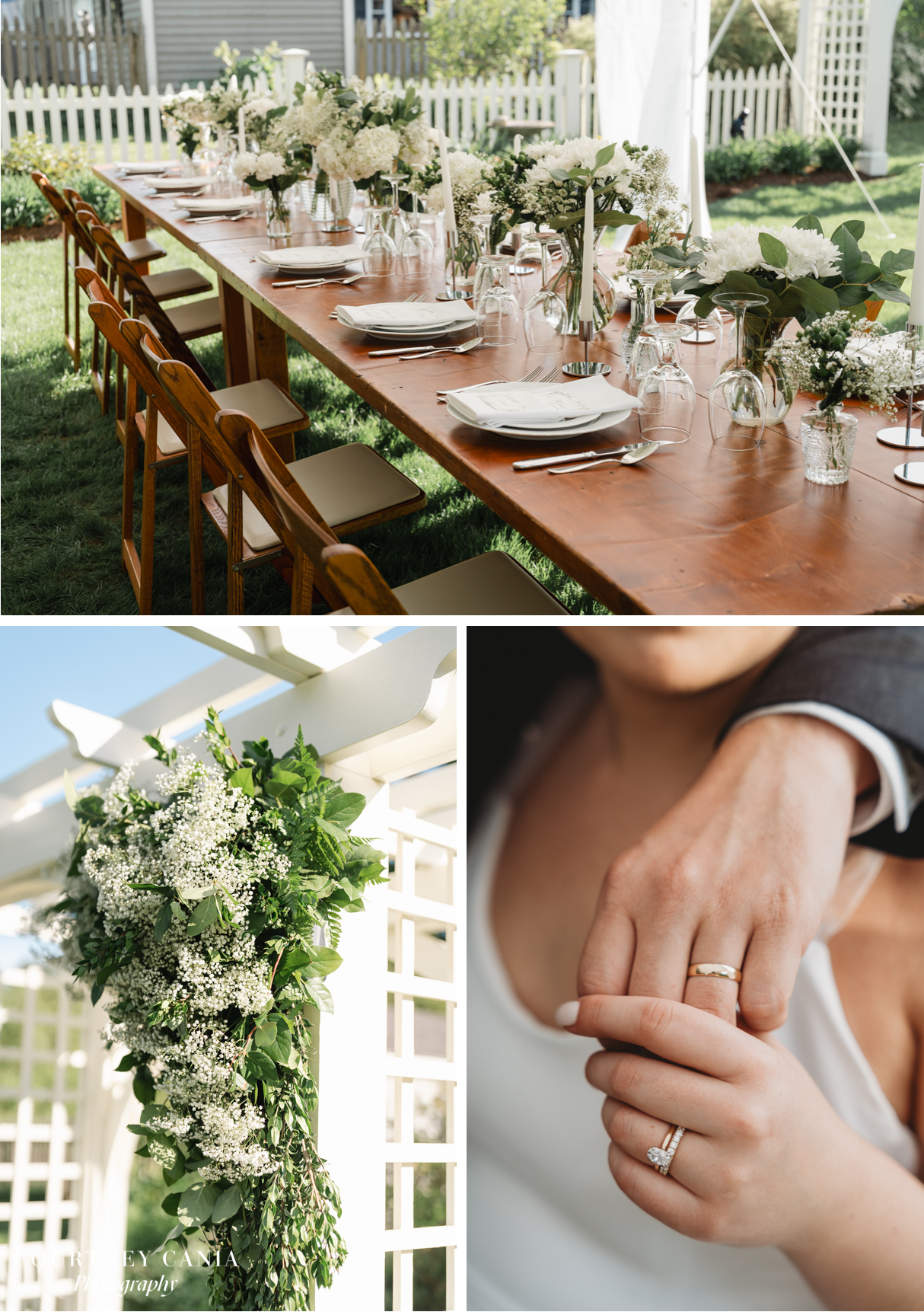 collage of backyard tented reception details of table, baby's breath on arbor, and bride and groom hold hands showing off rings