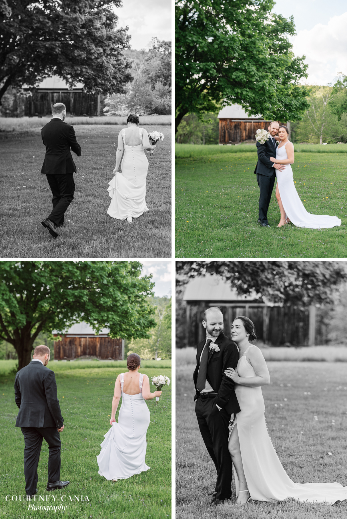 bride and groom pose candidly for portraits on vermont farm