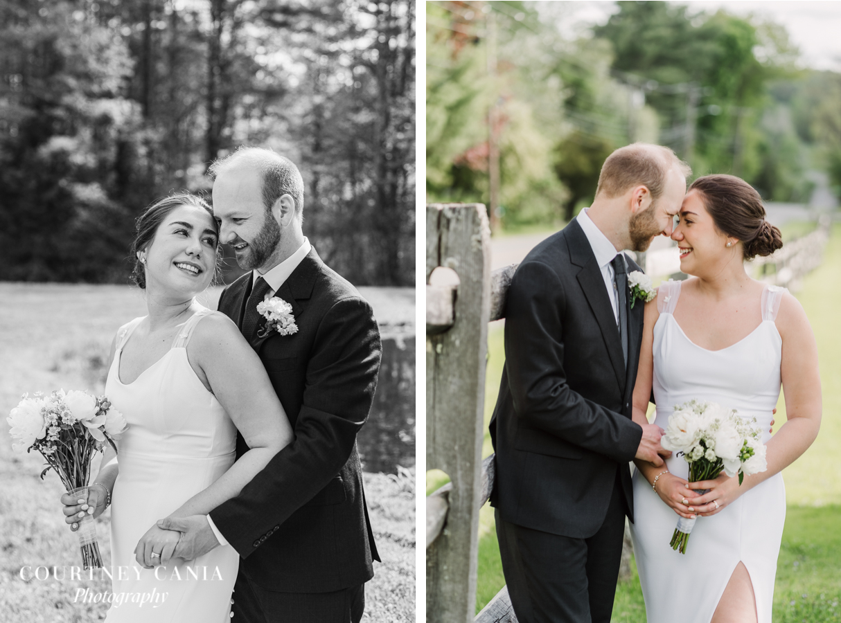 couple pose close together for portraits near fence