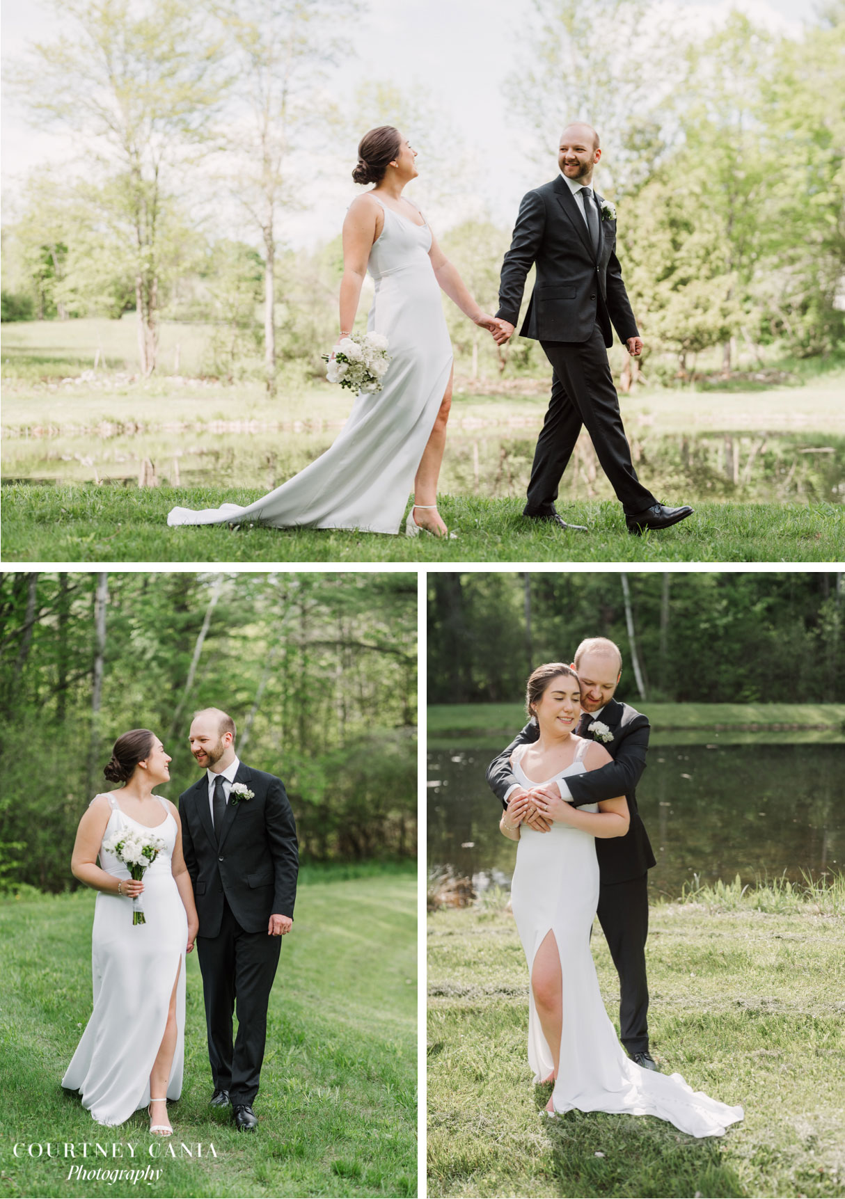 bride and groom pose outside near a pond during intimate vermont wedding