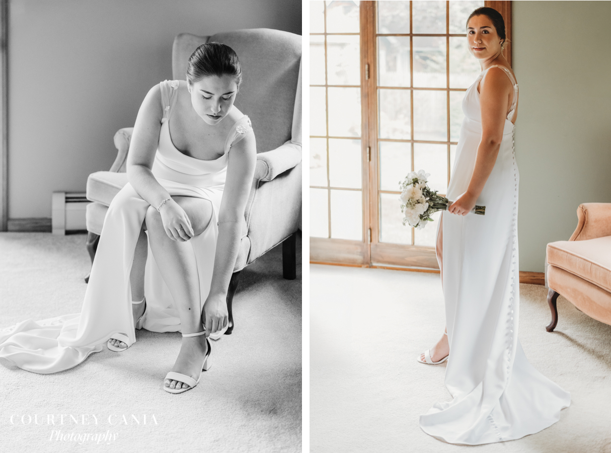 bride gets ready for wedding day in dress, putting on shoes