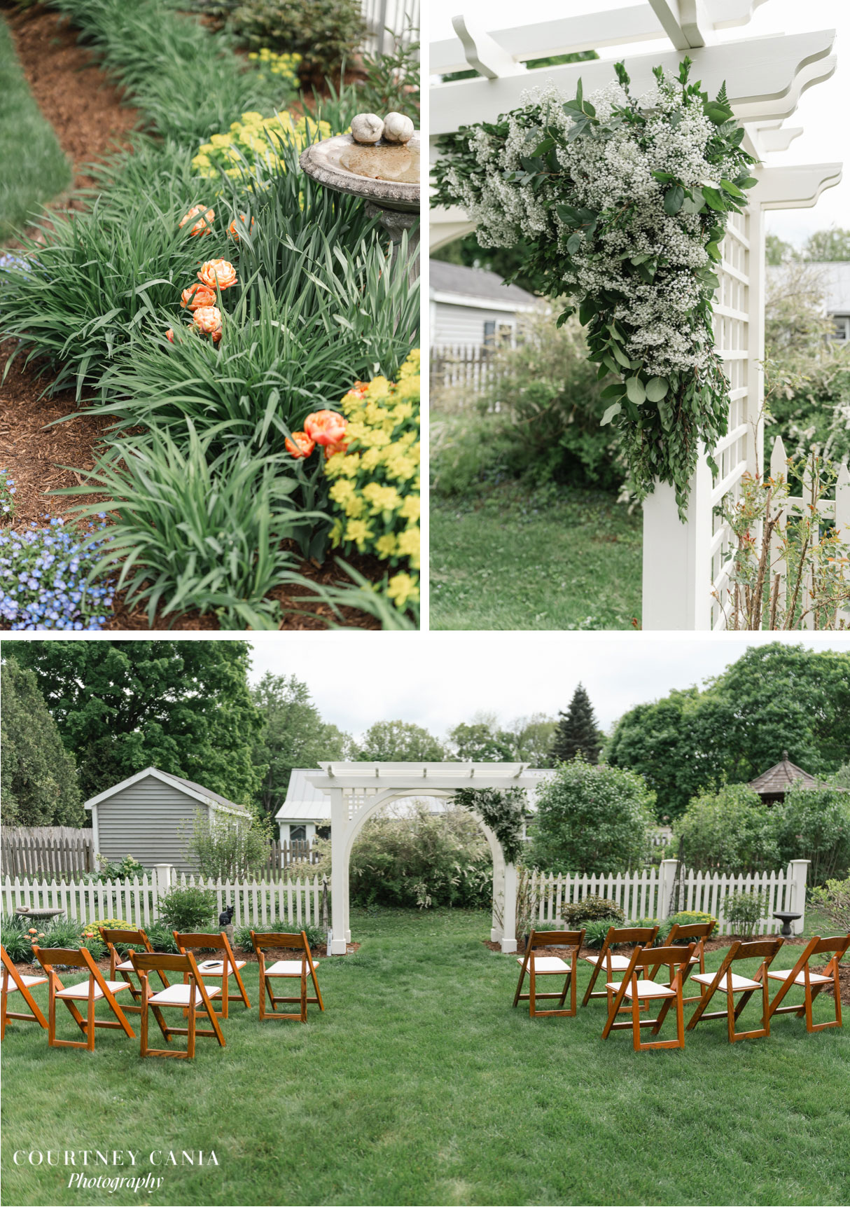 wedding ceremony details in garden of backyard in vermont