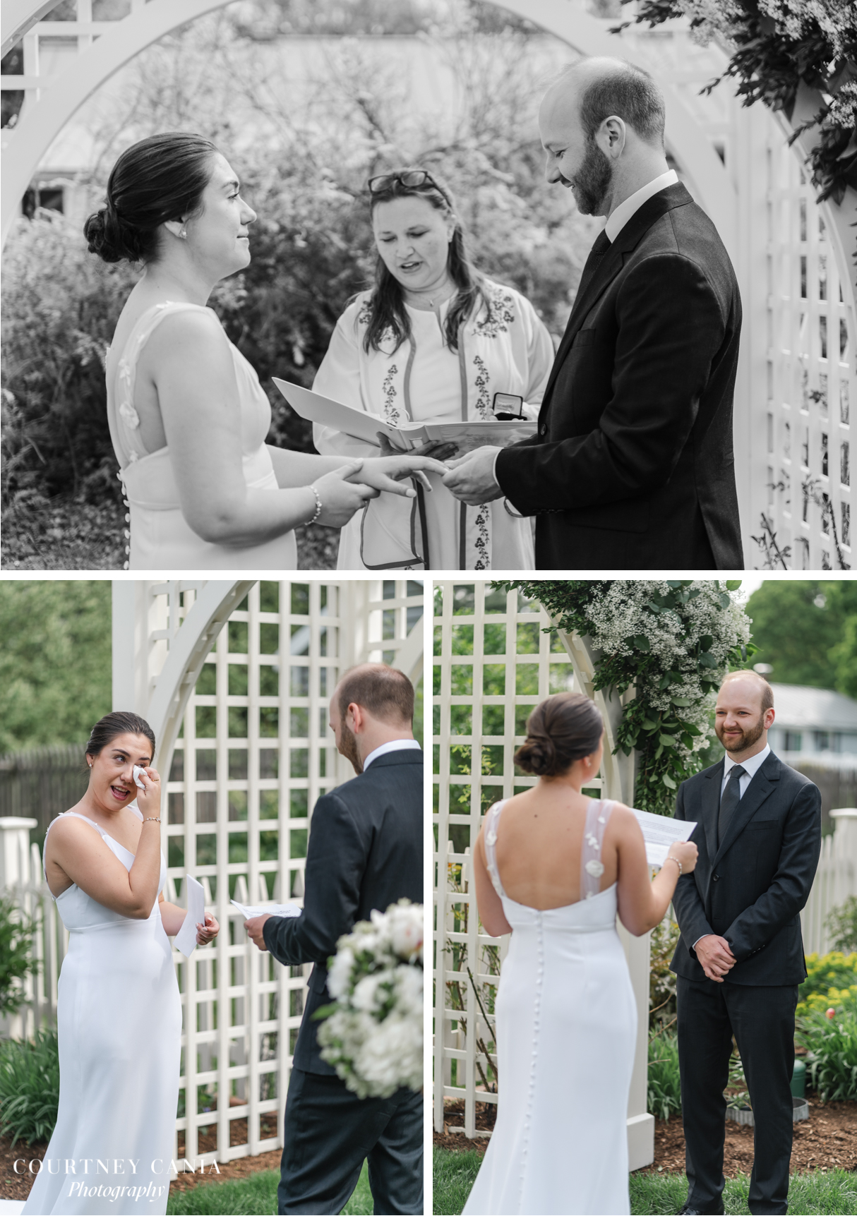 bride and groom get married under arbor in back yard