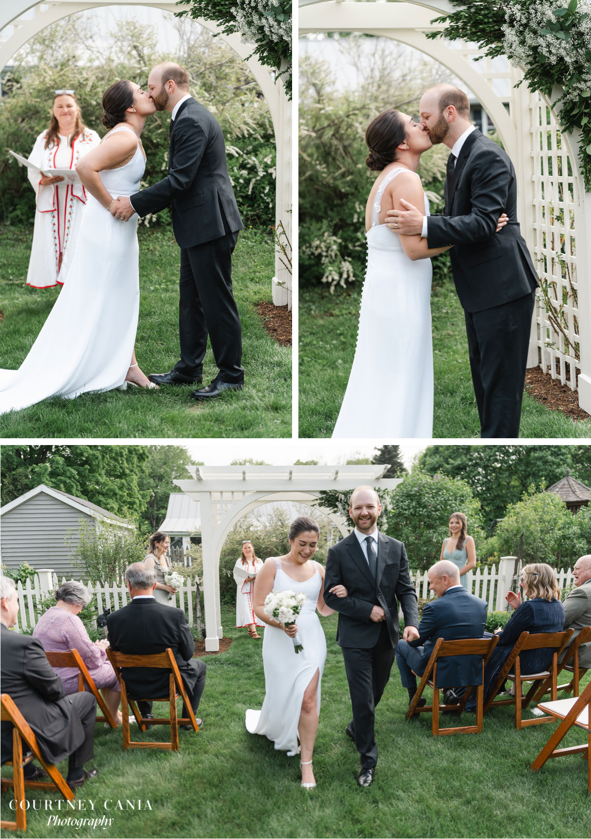 couple say i do under arbor in intimate backyard garden wedding