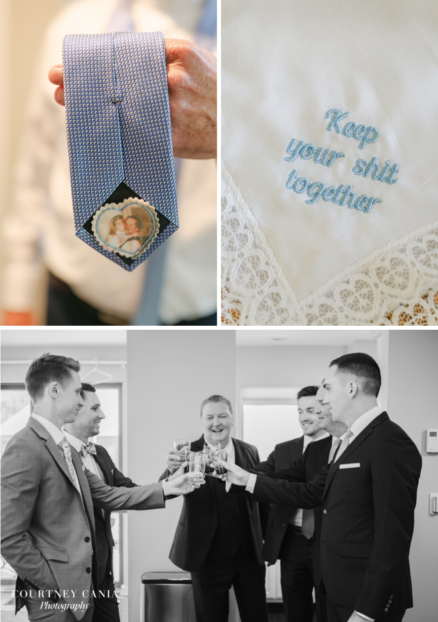 collage of wedding details and groomsmen toast Quechee Inn at Marshland Farm Vermont Wedding