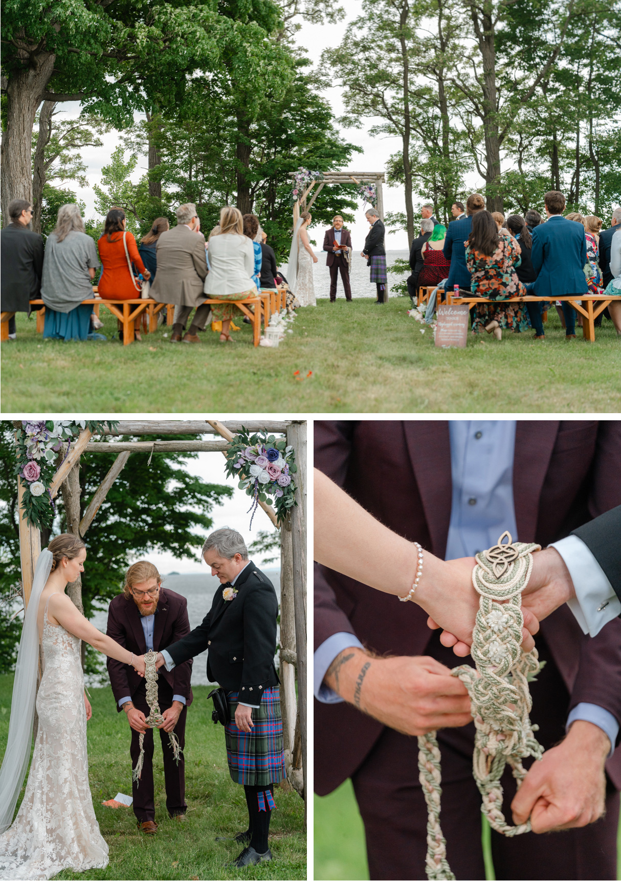 Wedding ceremony scenes of handfasting at Vermont wedding at Snow Farm Winery