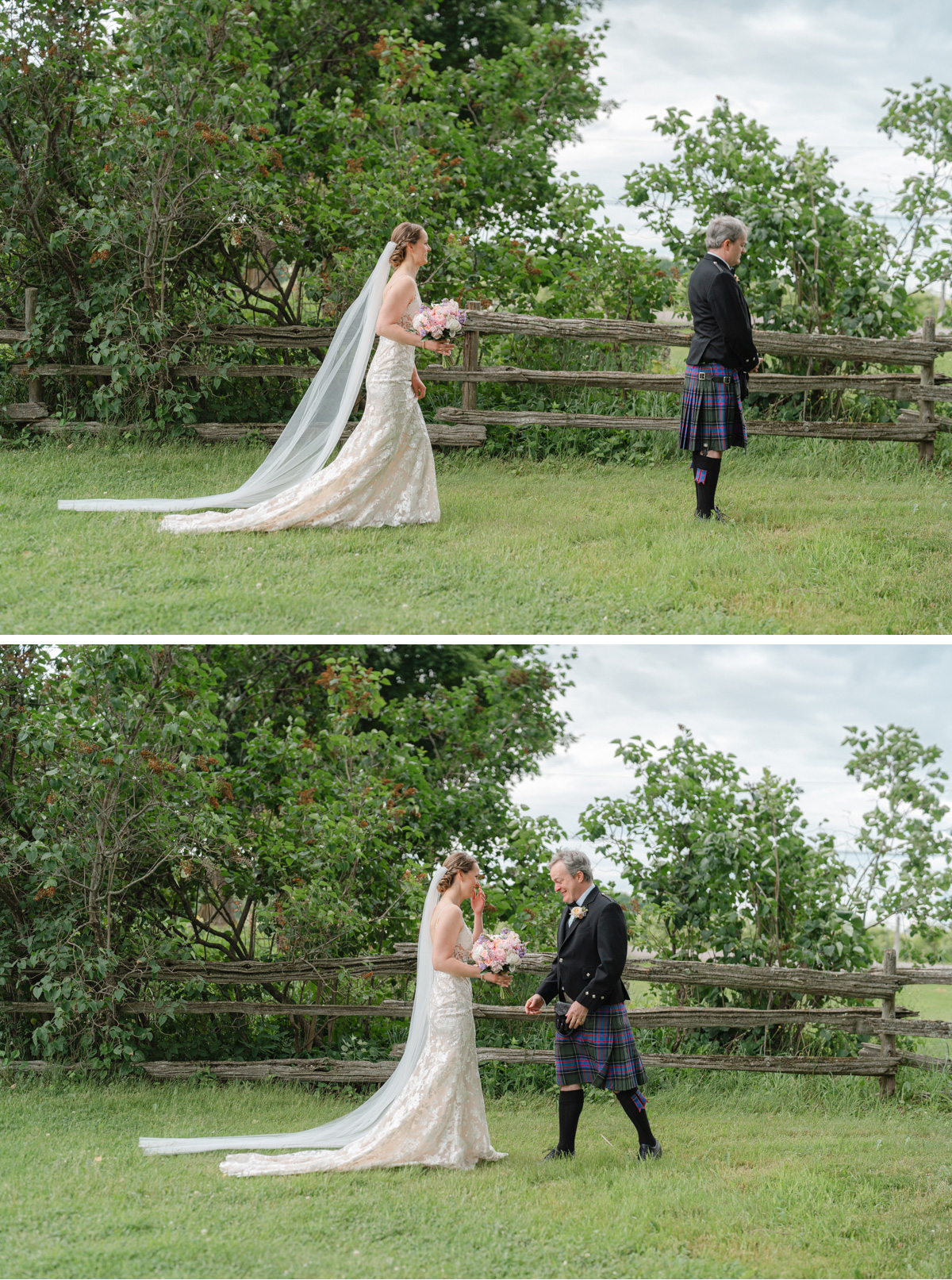 Bride walking up to groom during first look at Vermont wedding at Snow Farm Winery