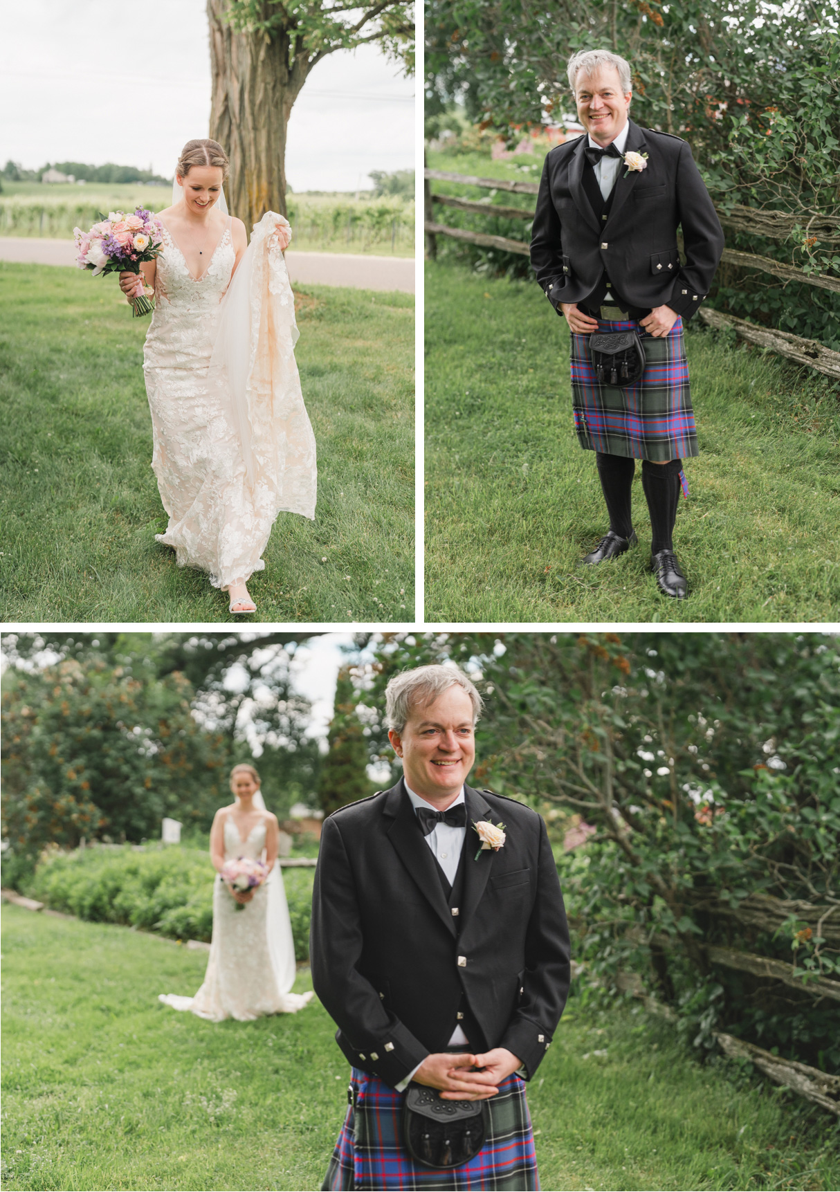 Bride and groom during first look at Vermont wedding at Snow Farm Winery