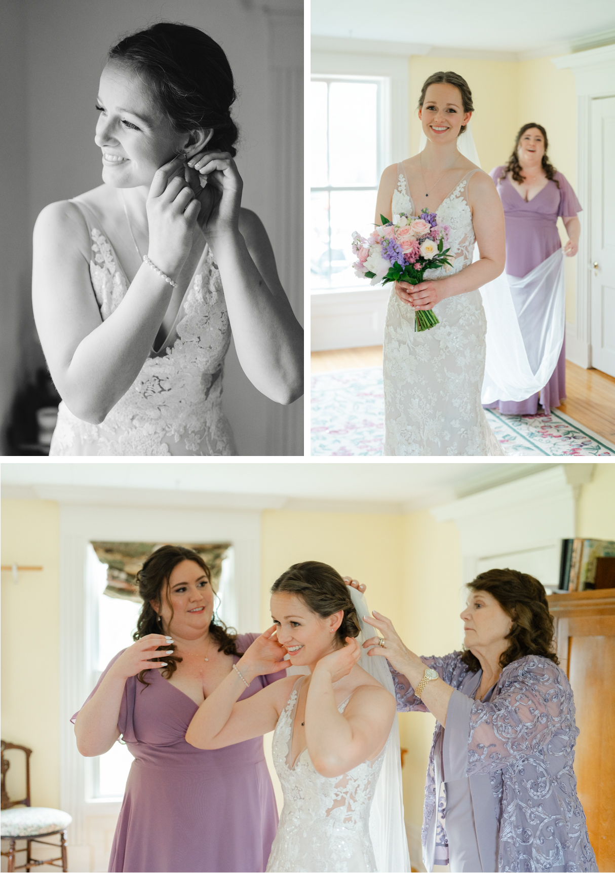 Bride putting on finishing touchesVermont wedding at Snow Farm Winery