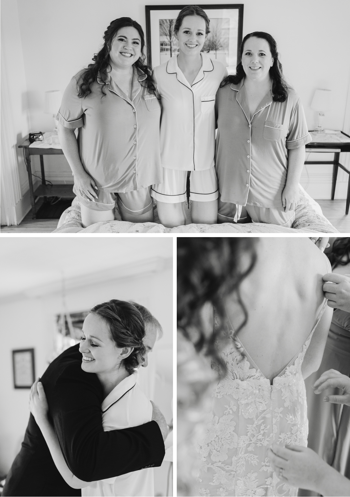 Bride getting ready and hugging dad Vermont wedding at Snow Farm Winery