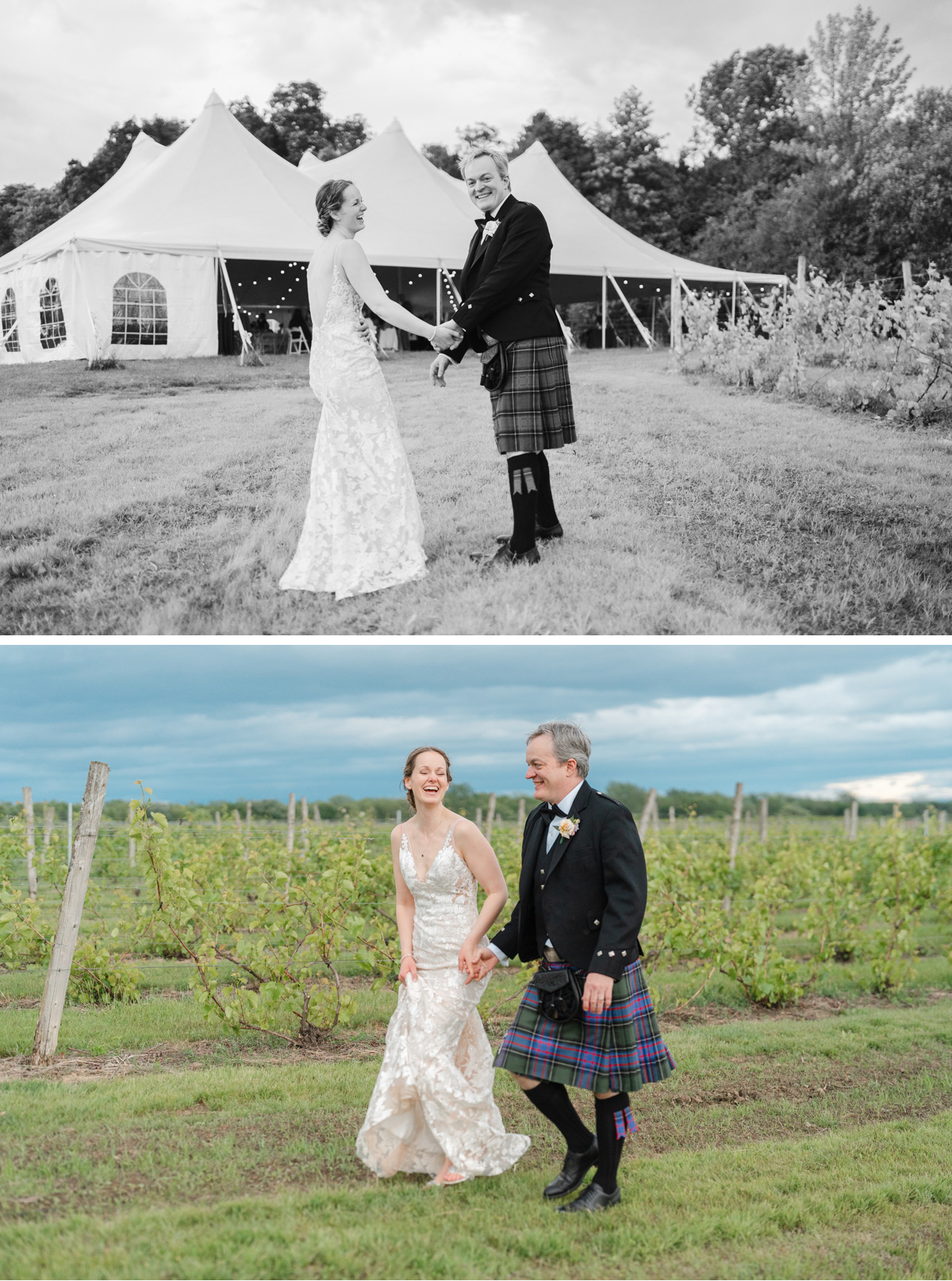 Bride and Groom having portraits outside of wedding tent at Vermont wedding at Snow Farm Winery