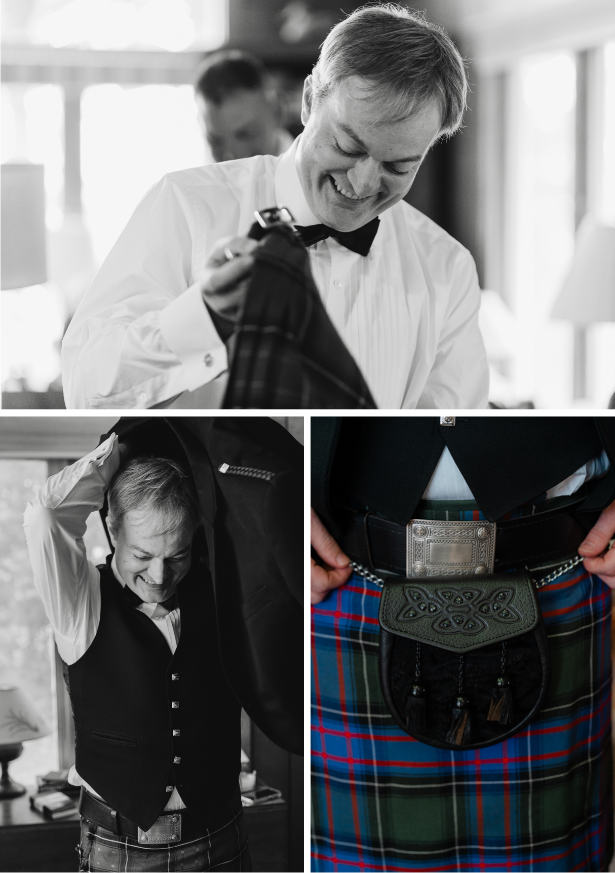 Groom getting ready in NH tartan kilt during Vermont wedding at Snow Farm Winery