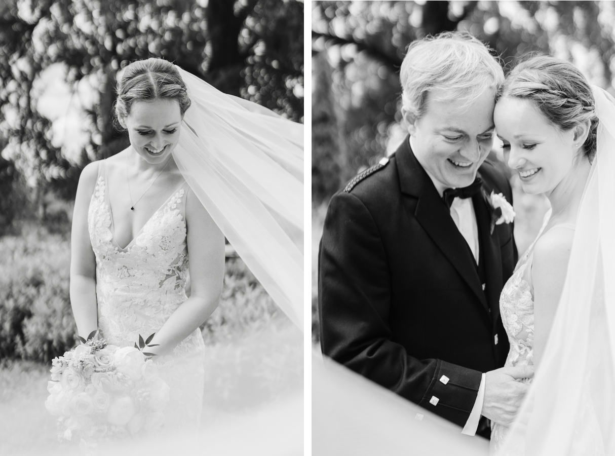 Portraits of bride and groom during Vermont wedding at Snow Farm Winery