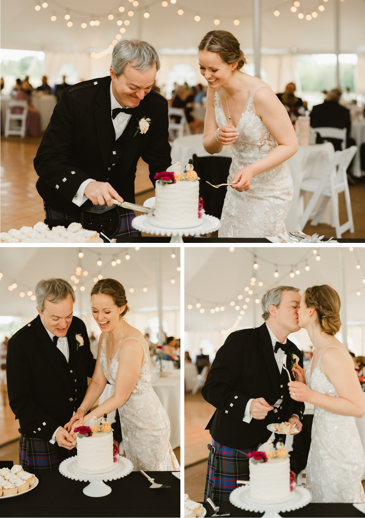 Bride and Groom cutting their wedding cake at Vermont wedding at Snow Farm Winery