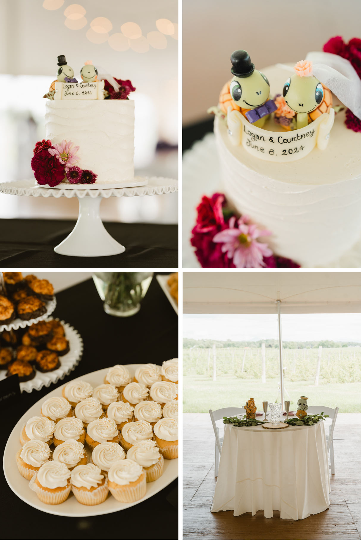 Details of cake and desserts at Vermont wedding at Snow Farm Winery