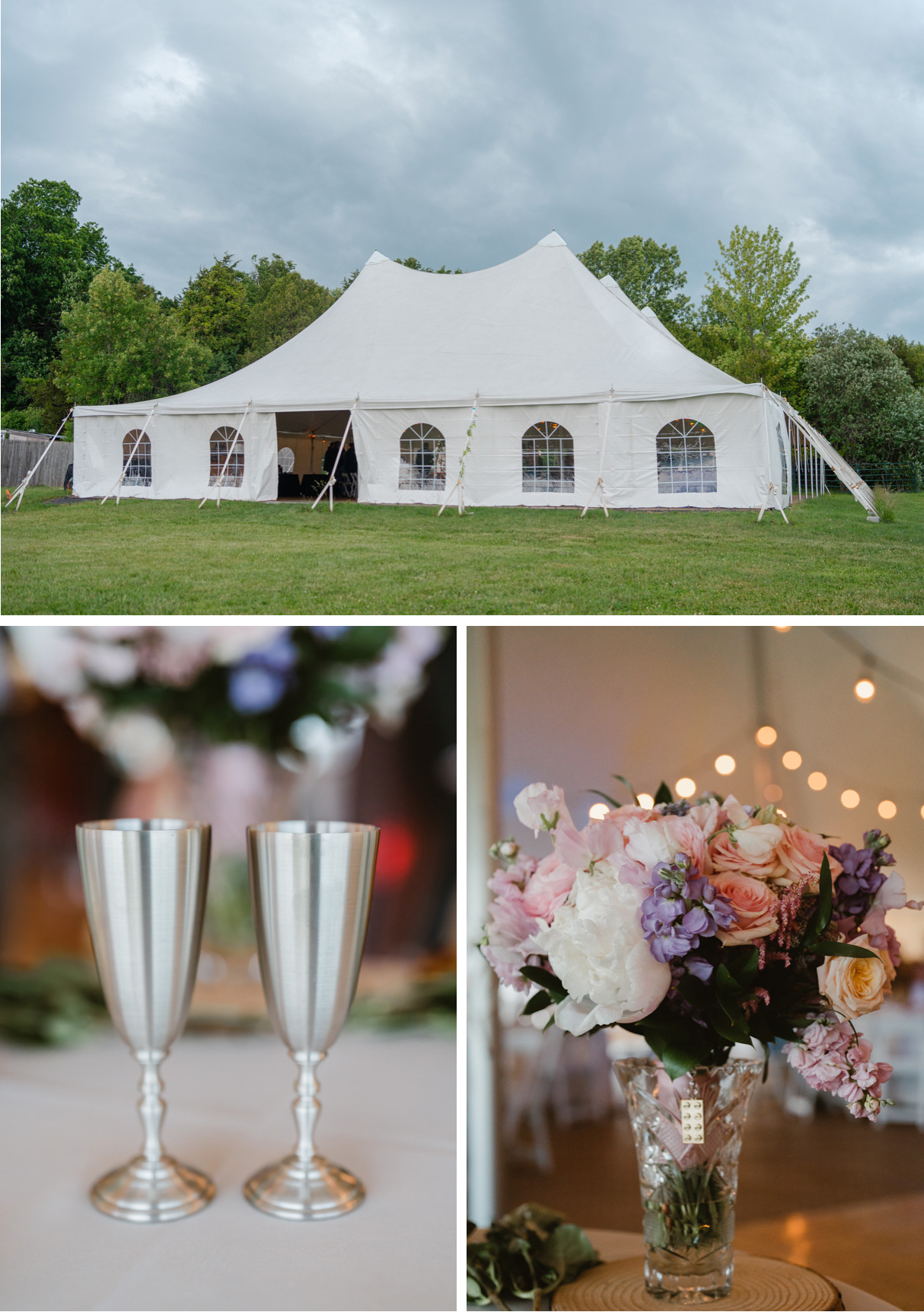 Tent and reception decor at Vermont wedding at Snow Farm Winery