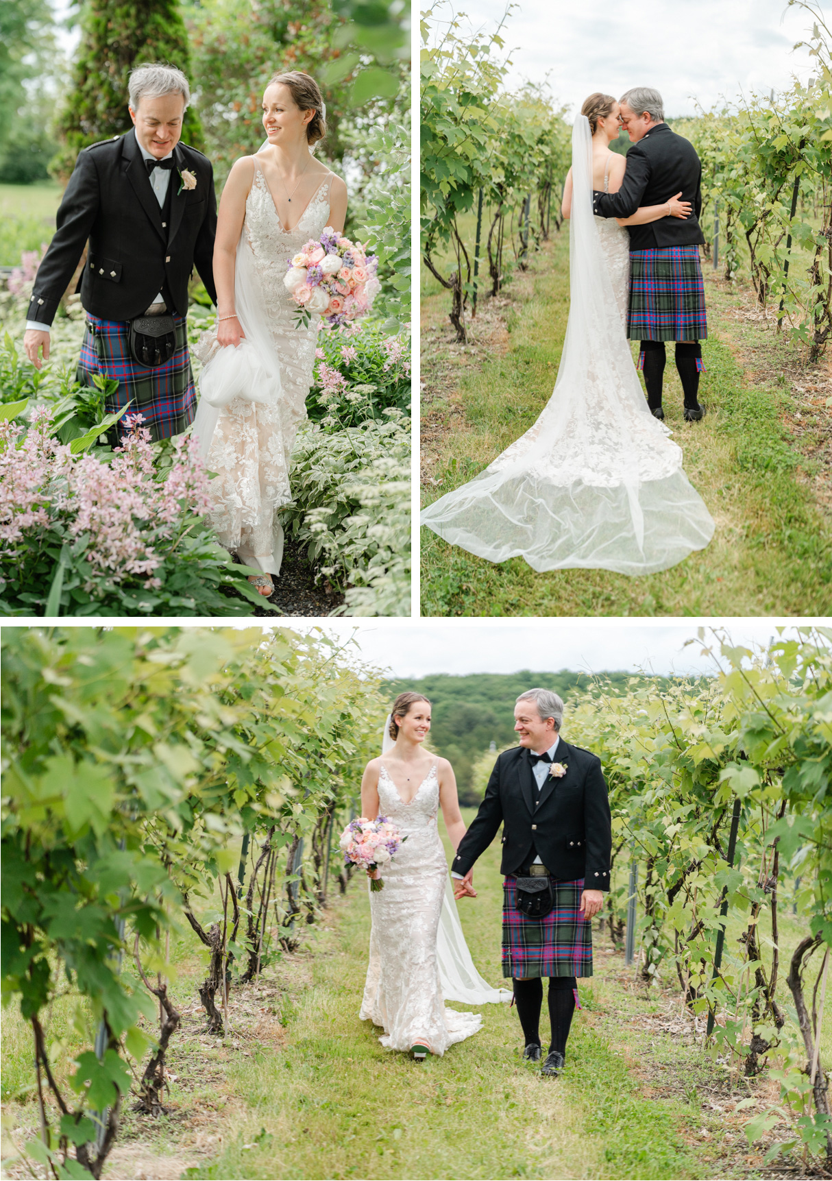 Bride and Groom portraits in the vineyard during Vermont wedding at Snow Farm Winery