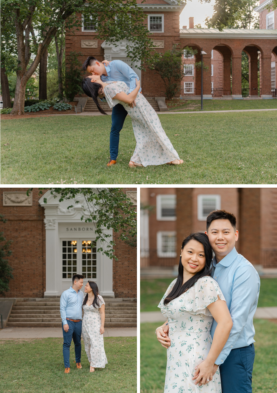 couple kiss and dip and pose in front of sanborn library at dartmouth college engagement session in hanover nh