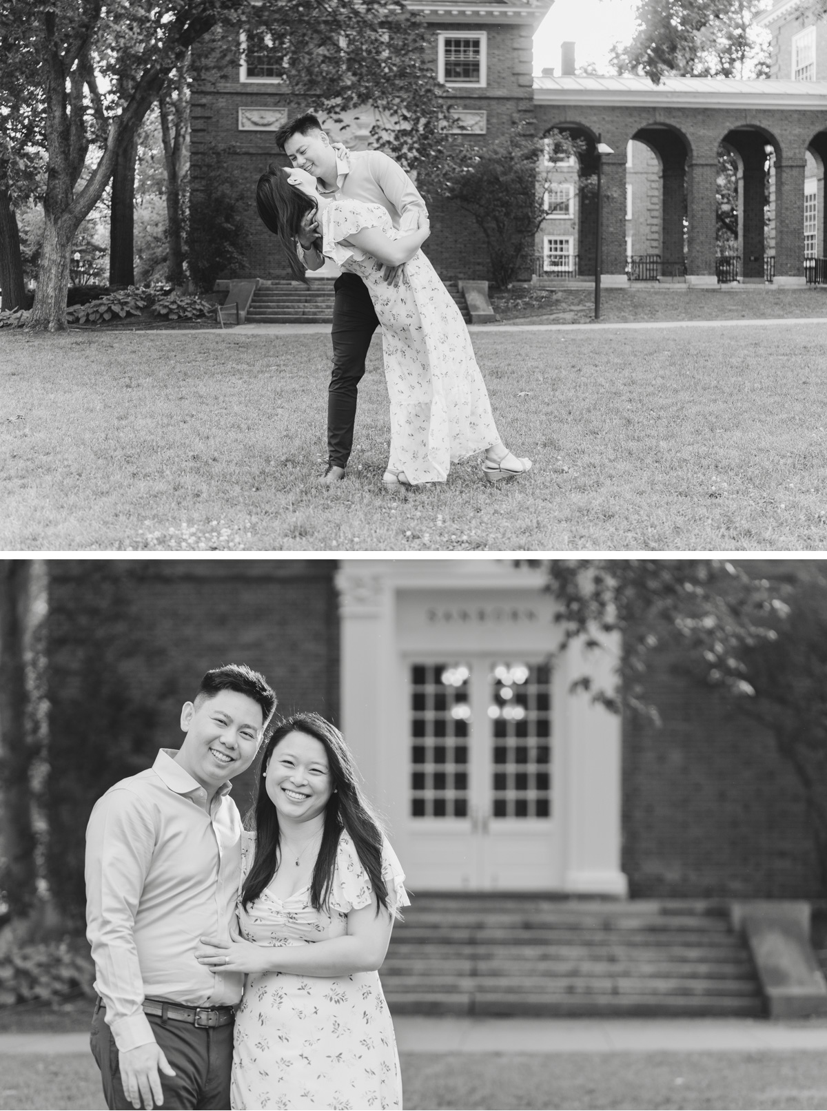 couple pose in front of sanborn library at dartmouth college engagement session in hanover nh